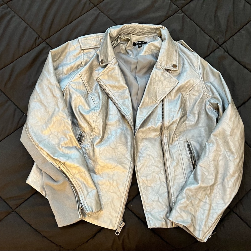 Torrid Metallic Faux Leather Moto Jacket in Silver/Gunmetal Shine
